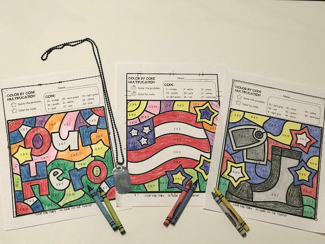 Veterans Day color by number multiplication worksheets