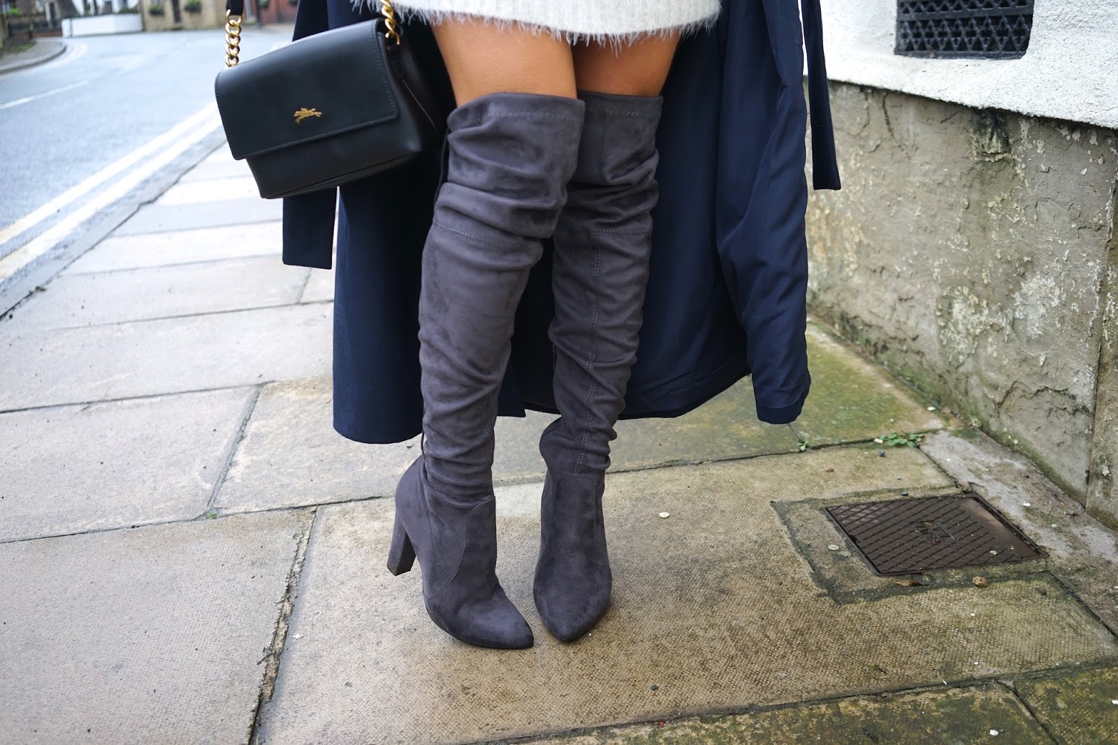 Emtalks The Jumper Dress & Knee High Boots & Longchamp Honore 404