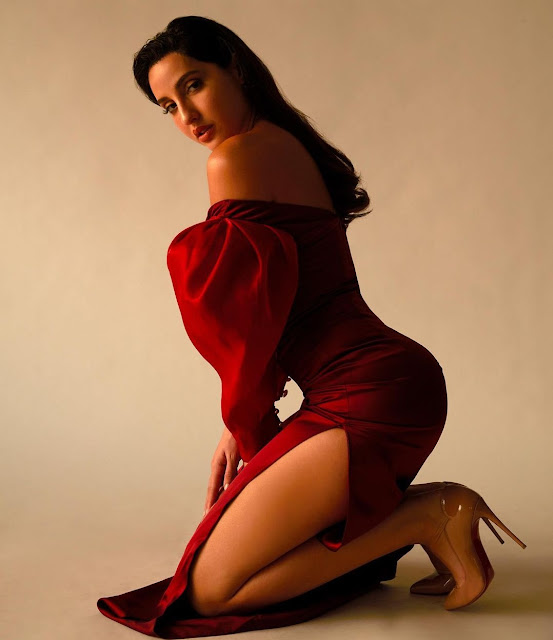 Nora Fatehi Red Off-Shoulder Dress Nora Fatehi sets internet ablaze with her super HOT in red off-shoulder dress
