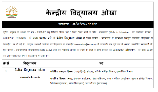 Kendriya Vidyalaya Okha Recruitment 2021 for PGTs, TGTs, PRT & Other Vacancies
