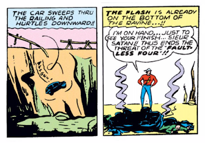 Flash Comics (1939) #1 Page 15 Panels 5 & 6: Satan, the bad guy, goes careening off the road during The Flash's pursuit. Oh well, another one bites the dust.