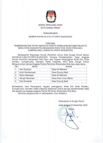 5 ppk Koto Baru diberhentikan