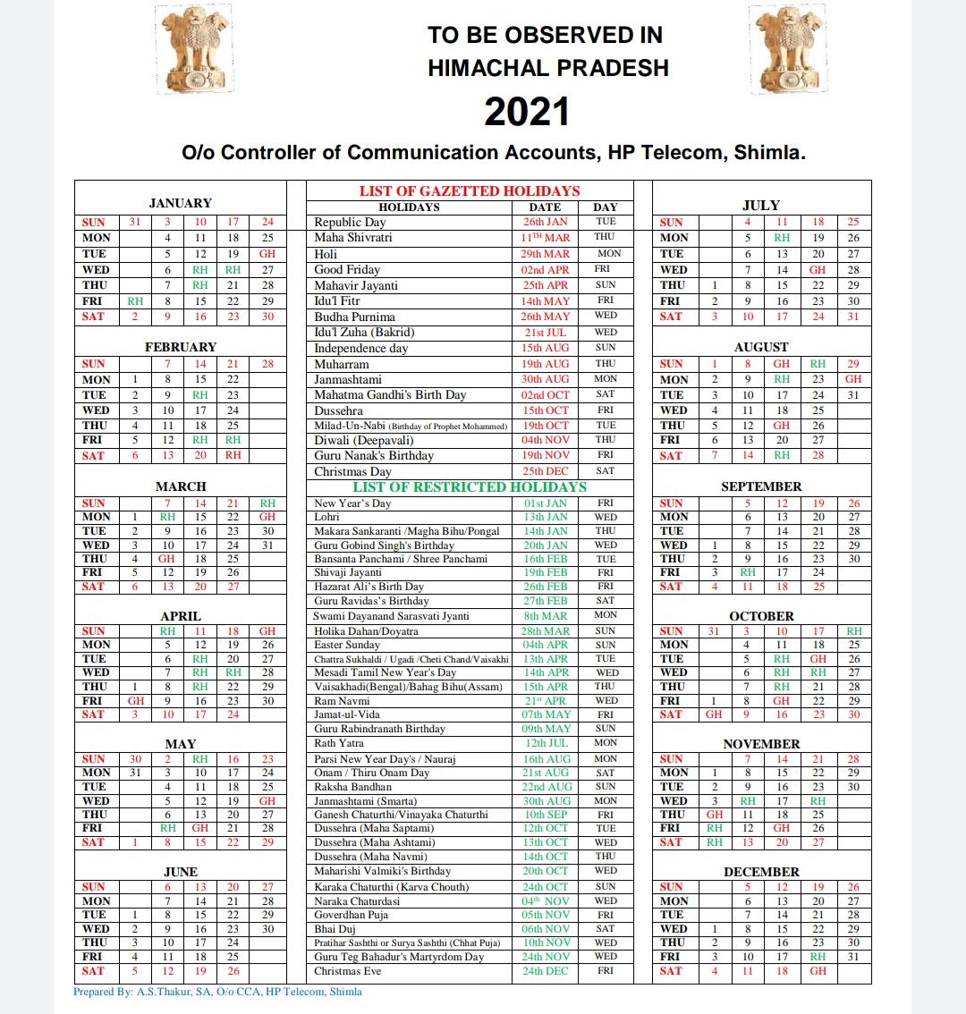 Himachal Pradesh - Central Government Gazetted Holiday Calendar 2021