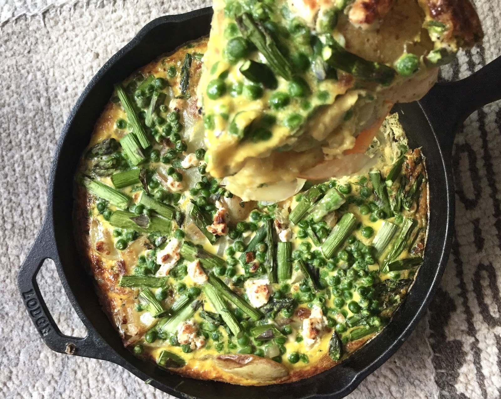 Kvell in the Kitchen Asparagus, Pea and Goat Cheese Frittata