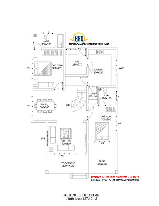 Ground Floor Plan of Contemporary Sloping roof 2 Story house -2125 Sq. Ft. - April 2012