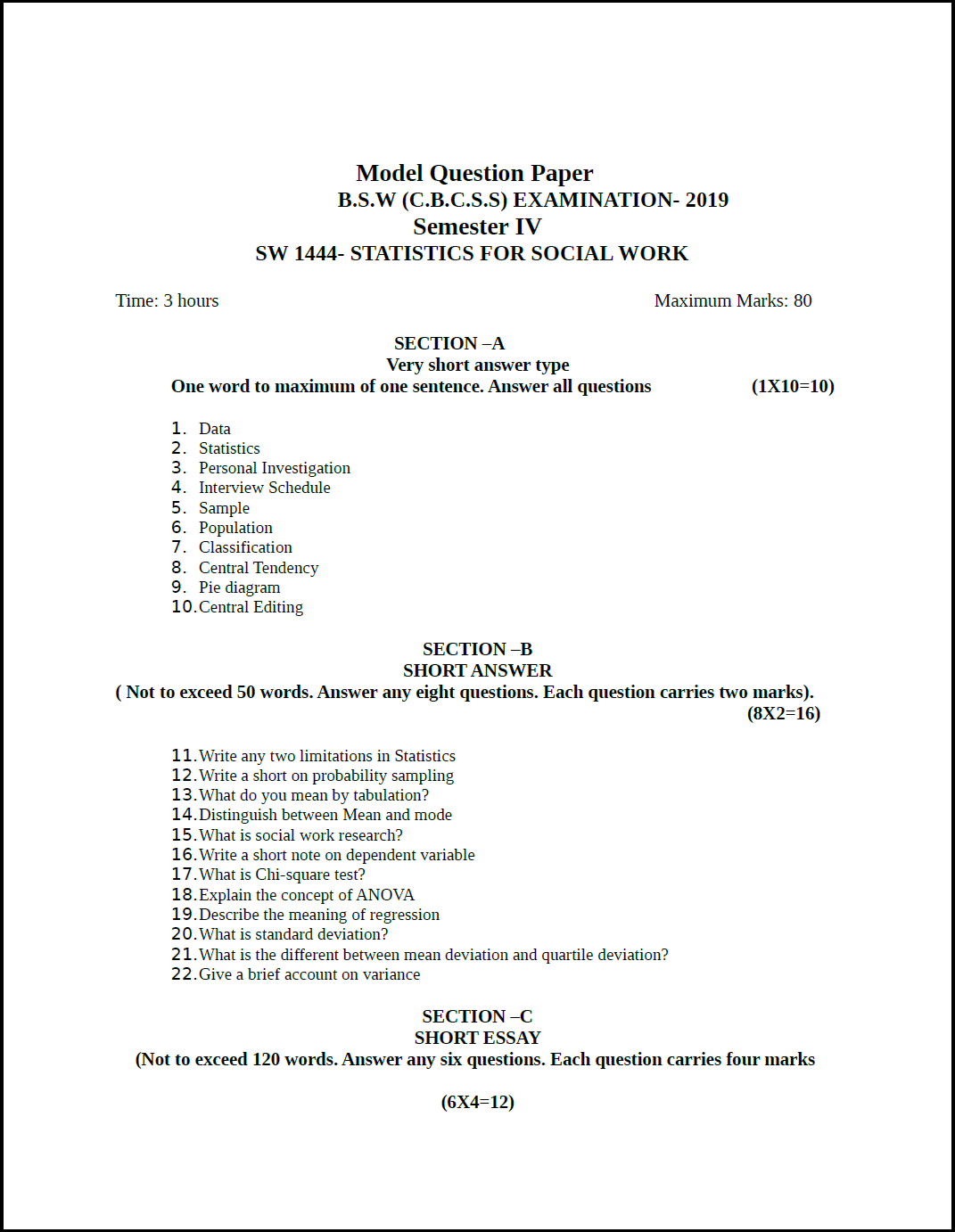 Kerala University Statistics For Social Work 2019 Question Paper