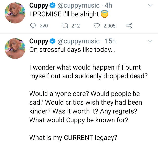 I wonder what would happen if I suddenly dropped dead– DJ Cuppy pens down a confusing note