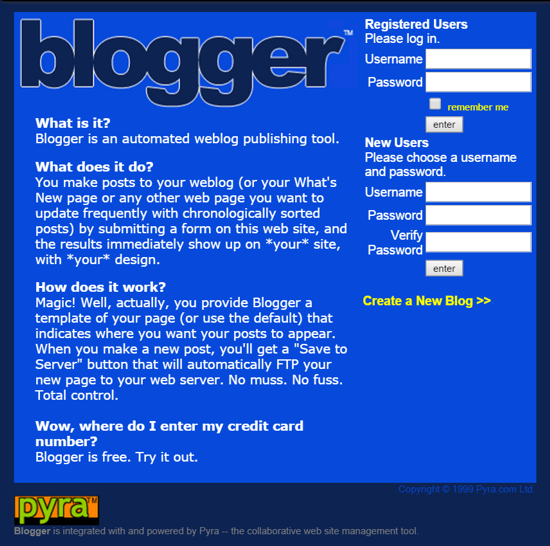 The first home page of Blogger