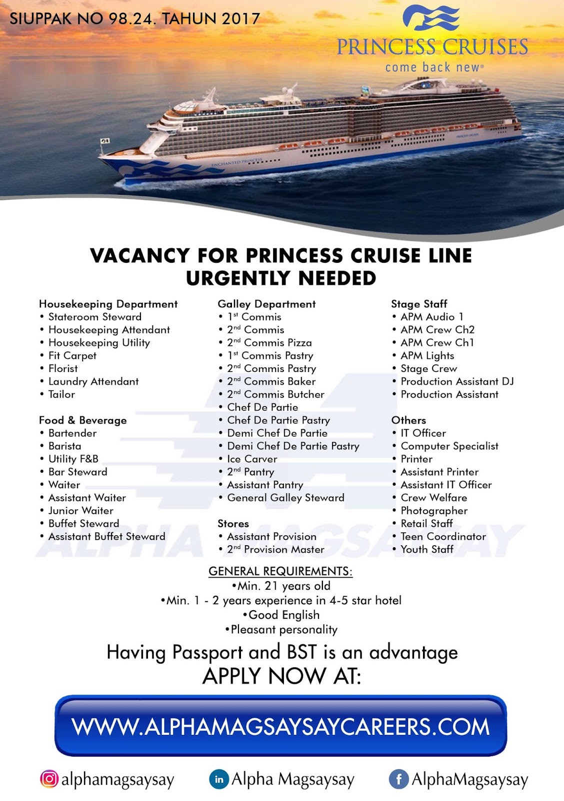 Alpha Magsaysay 2020 Princess Cruise Line Vacancy