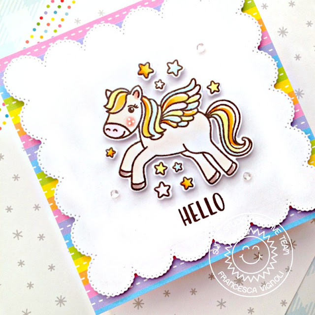 Sunny Studio Stamps: Prancing Pegasus Frilly Frame Dies Hello Card by Franci Vignoli