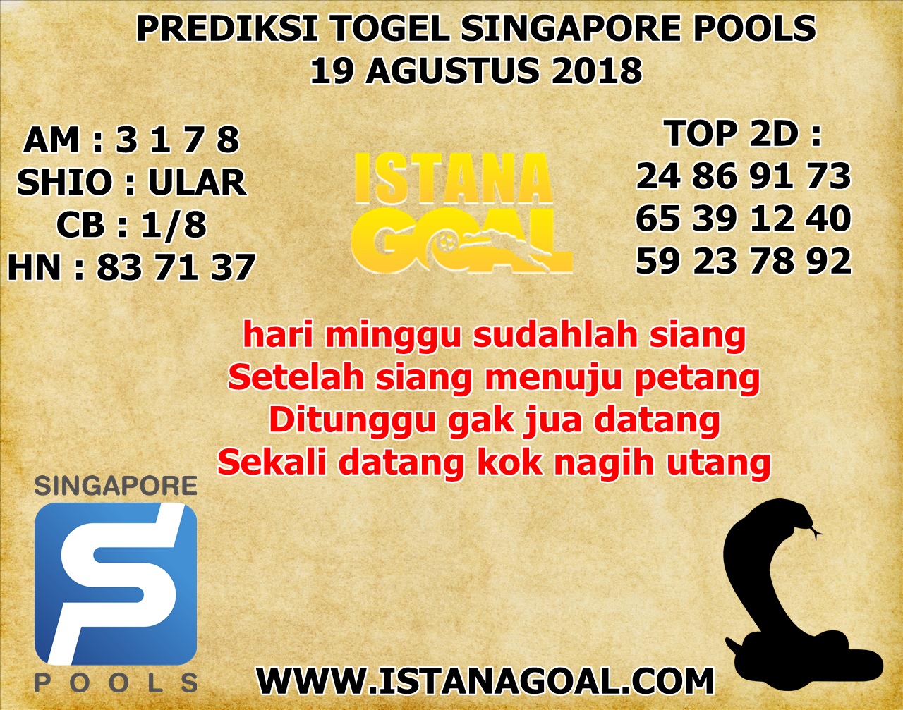 PREDIKSI TOGEL SINGAPORE POOLS 19 AGUSTUS 2018 AGEN RESMI ISTANAGOAL