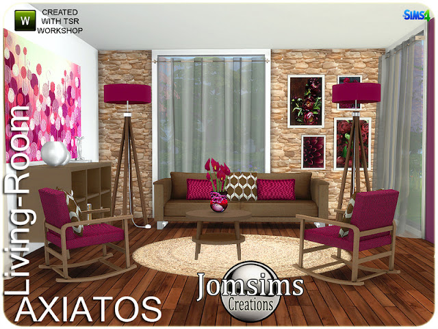 axiatos living room Axiatos гостиная для The Sims 4 современность Комфорт. В соответствии с цветом, чтобы придать этой современной гостиной очень современный или более простой вид в различных цветах. 2 дивана. 2 живых кресла. ковер. настенные росписи большие. настенные росписи х4. подушка квадратная для дивана. подушка деко для дивана. подушка деко для живого стула. консоль с deco.flowers. Прозрачные шторы. журнальный столик, торшер. для штор. Сим проходит, но для окон Автор: jomsims