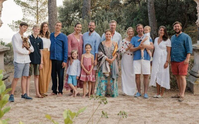 Grand Duke Henri, Maria Teresa, Princess Stephanie, Prince Charles, Princess Alexandra. Princess Claire in Young Empire dress
