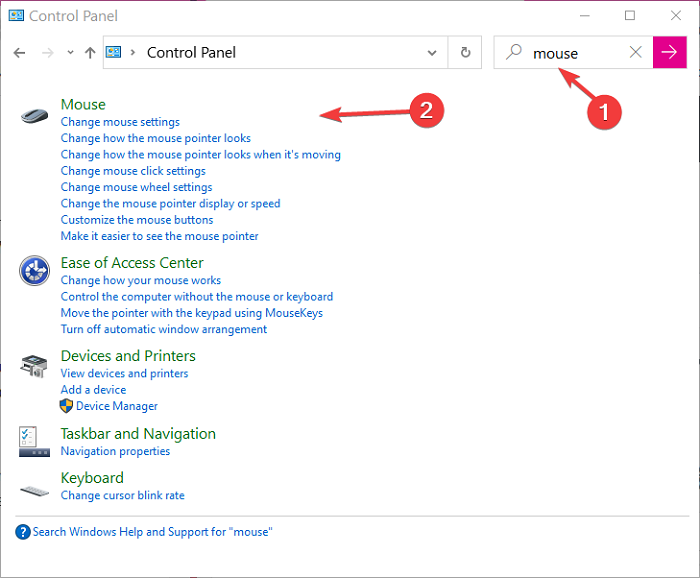 rechercher la souris dans le panneau de configuration