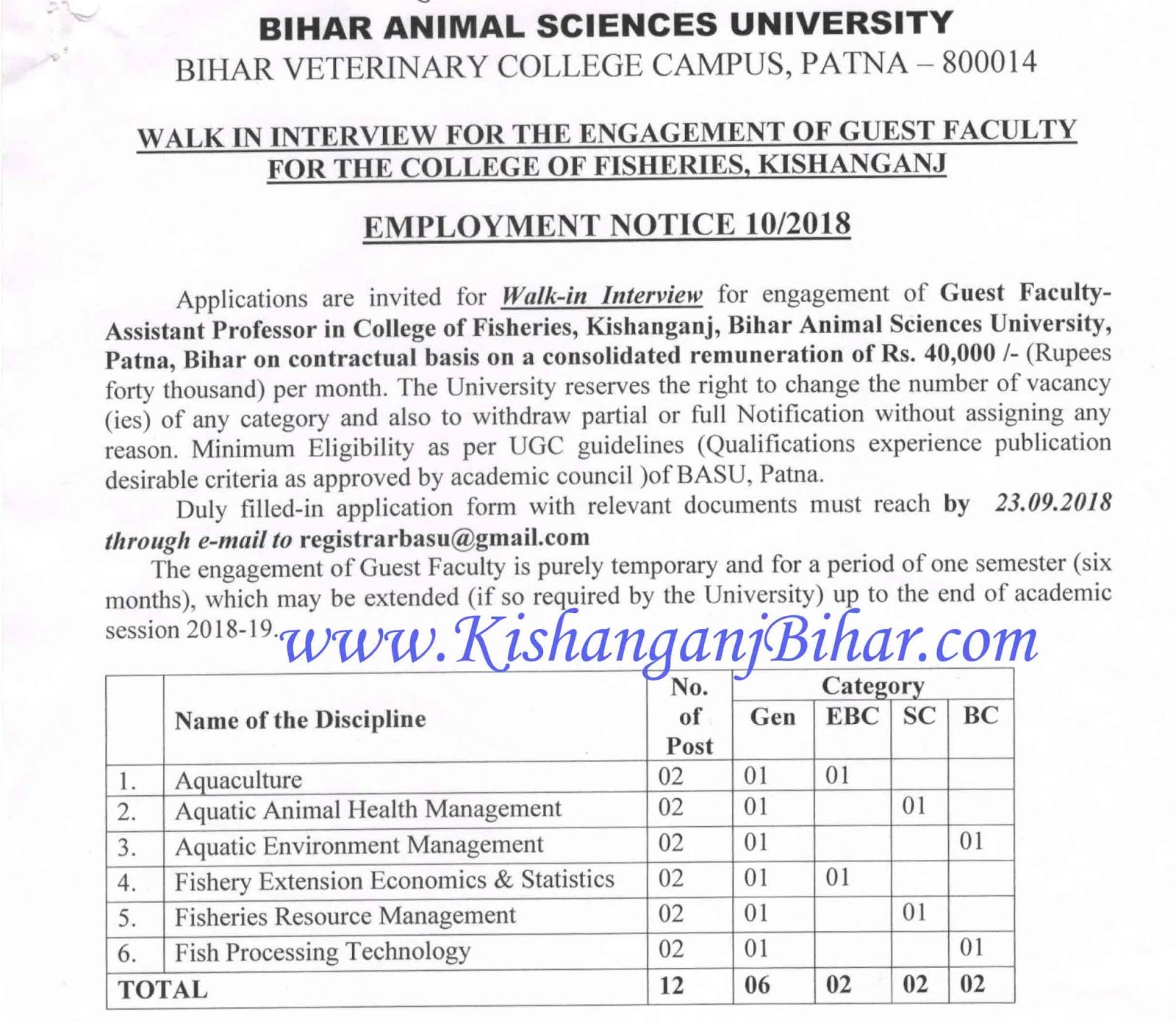 Jobs for Assistant Professors (Guest Faculty) at Fisheries College