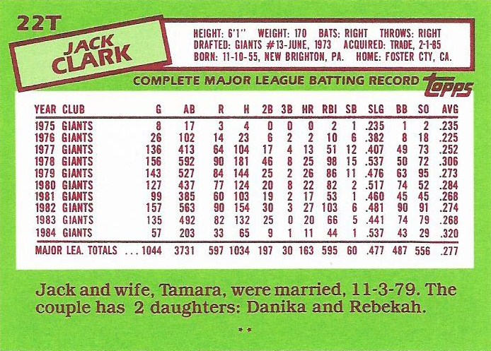 1985 Topps: #22T - Jack Clark