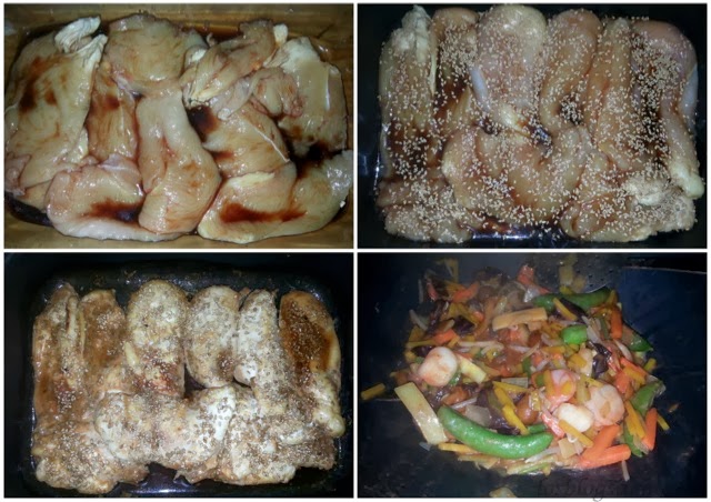 Fideos con pechugas de pollo al teriyaki y salteado de verduras asiáticas