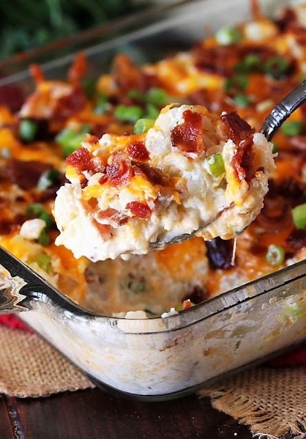Cauliflower {Just Like} Loaded Baked Potato Casserole with Serving Spoon Image