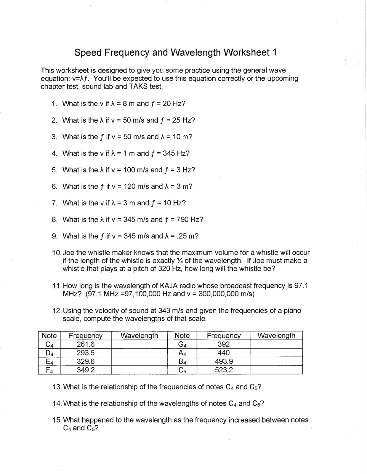 Wave Speed Worksheet Answers