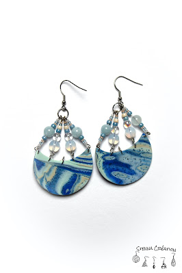 Boucles oreilles pâte polymère Mokume Gane Bleu Sahara Feuilles métallique bleues Cernit Fimo Stenna Création