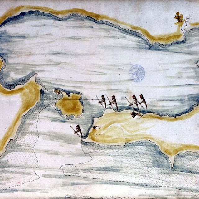 Бухта Ареквеа на рисунке в «Дневниках Красного моря» Жуана де Кастро. Север справа