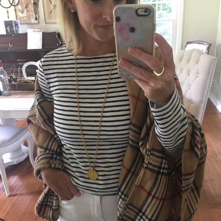 stripe tee with plaid scarf and gold coin pendant