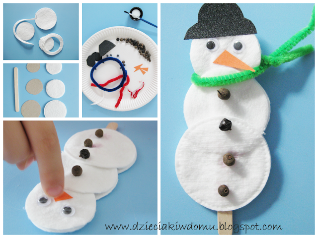 Bałwanki z płatków kosmetycznych na patyczkach