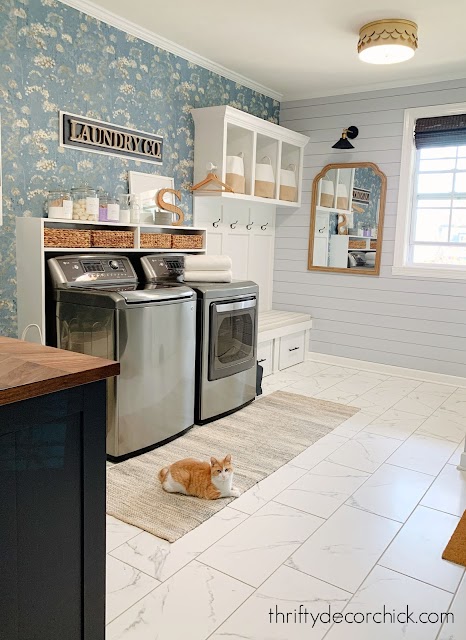 Wallpaper accent wall laundry mud room