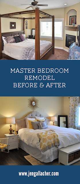 Master bedroom remodel after from www.jengallacher.com. #masterbedroom #bedroommakeover #bedroomremodel #yellowbedroom
