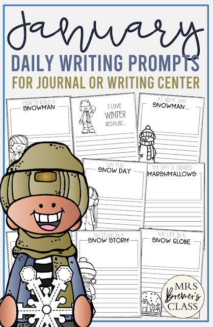 January writing prompt templates for daily journal writing or a writing center in Kindergarten First Grade Second Grade