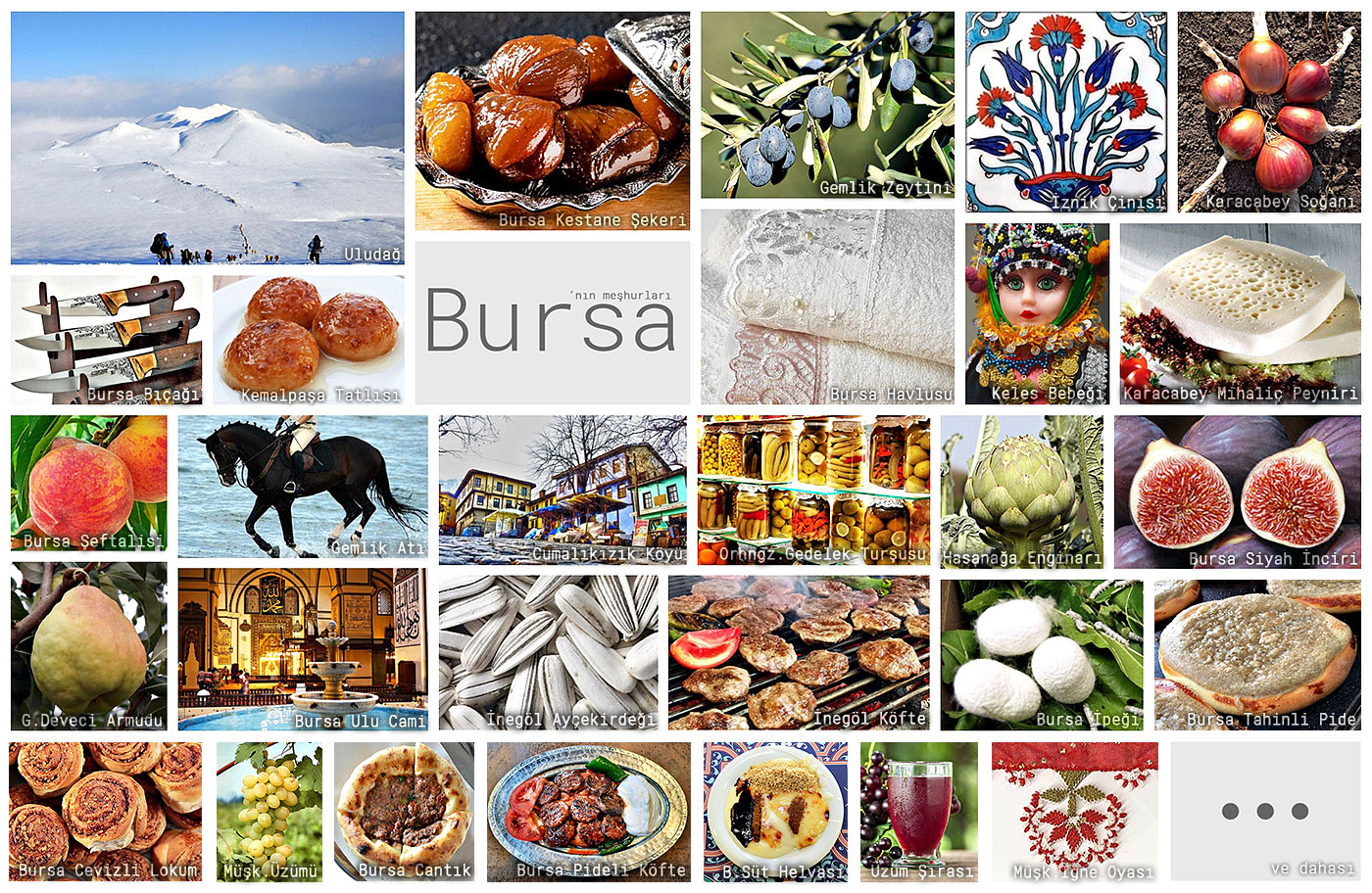 Bursa'nın meşhur şeylerini gösteren resimlerden oluşan kolaj
