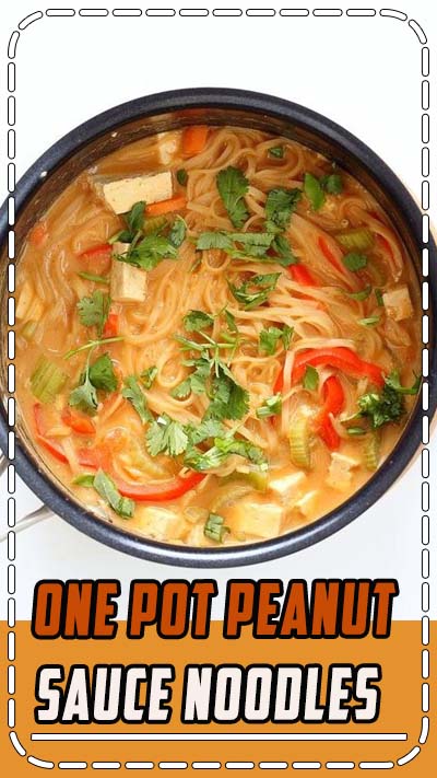 One pot peanut sauce noodles, Ready in 20 minutes! Brown Rice Noodles, Veggies, Peanut or Almond Butter, spices, flavors, boil and done. Easy #Vegan #glutenfree Quick #Weeknight #Dinner #Recipe