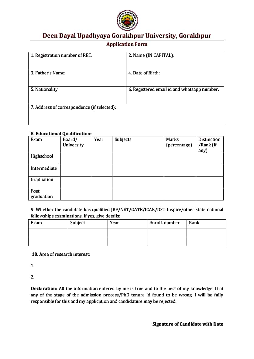 DDU gorakhpur university RET 2020-21 Proforma Application form