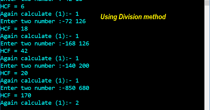 Program in C and C++ to find HCF of two number using Division method