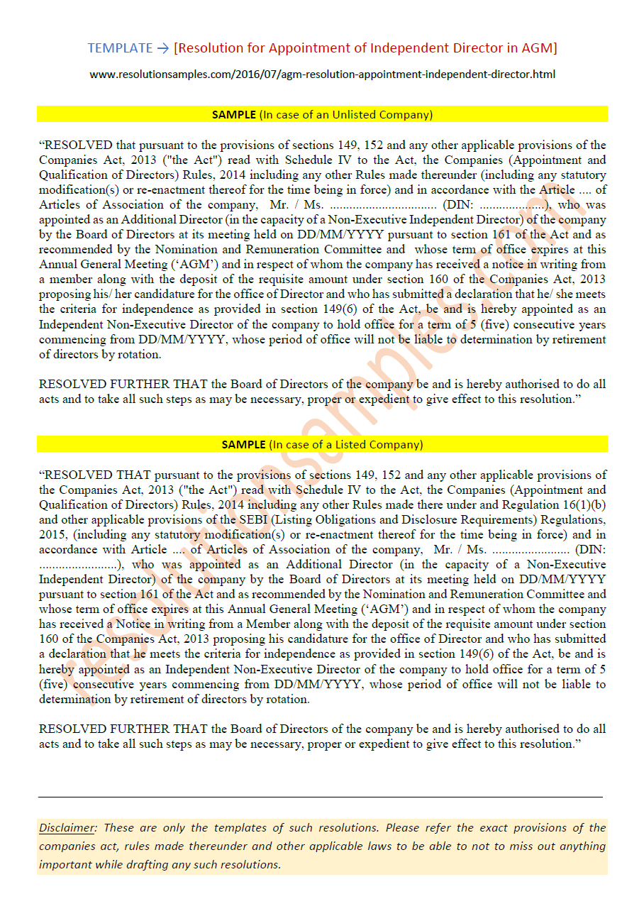 AGM Resolution Format for Appointment of Independent Director