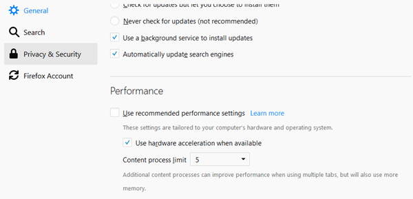 Mejorar el rendimiento de Firefox Abra acerca de: preferencias y haga clic en la sección General. En Rendimiento, desmarque la configuración de rendimiento recomendada y marque Usar aceleración de hardware cuando esté disponible.  En el límite del proceso de contenido, establezca la opción en 5 o 6 o 7 y vea.  Aumentará el rendimiento, pero también usará más memoria.  Establecer permisos xxx