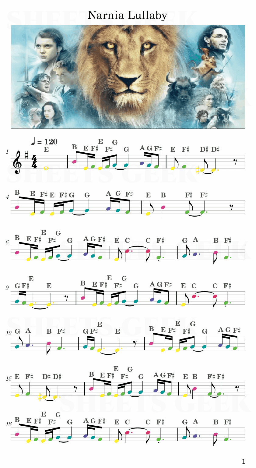 Narnia Lullaby - The Chronicles of Narnia Easy Sheets Music Free for piano, keyboard, flute, violin, sax, celllo 1