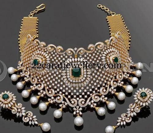 Diamond Necklace with South Pearls - Jewellery Designs