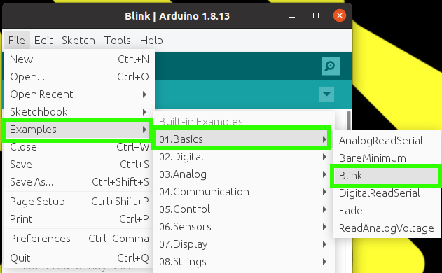 Blink to test that we can write code to the Arduino.