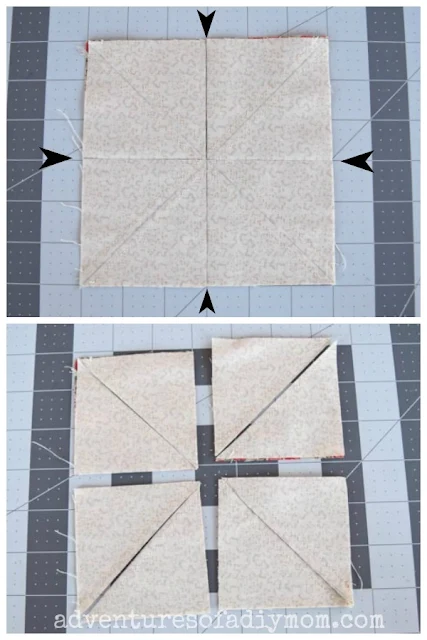 collage depicting how to cut half square triangles