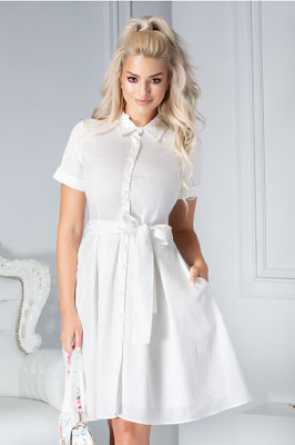 Rochie Pretty Girl Dalma alba stil camasa cu fluturi brodati la guler Rochie Pretty Girl Dalma alba stil camasa cu fluturi brodati la guler