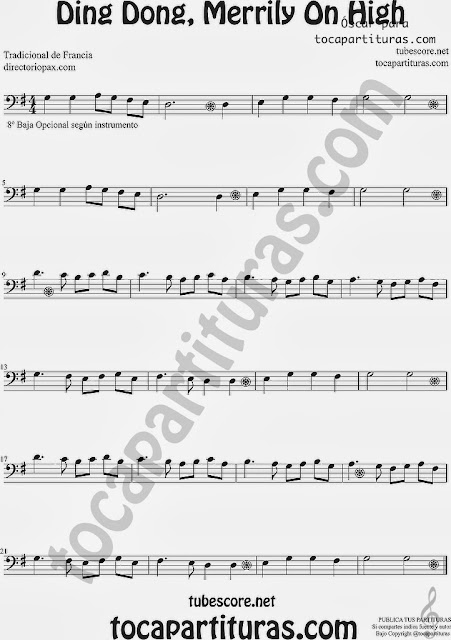  Ding Dong, Merrily On High Christmas carol Sheet Music for Trombone, Tube, Euphonium Contrabass... in Bass Clef Music Scores