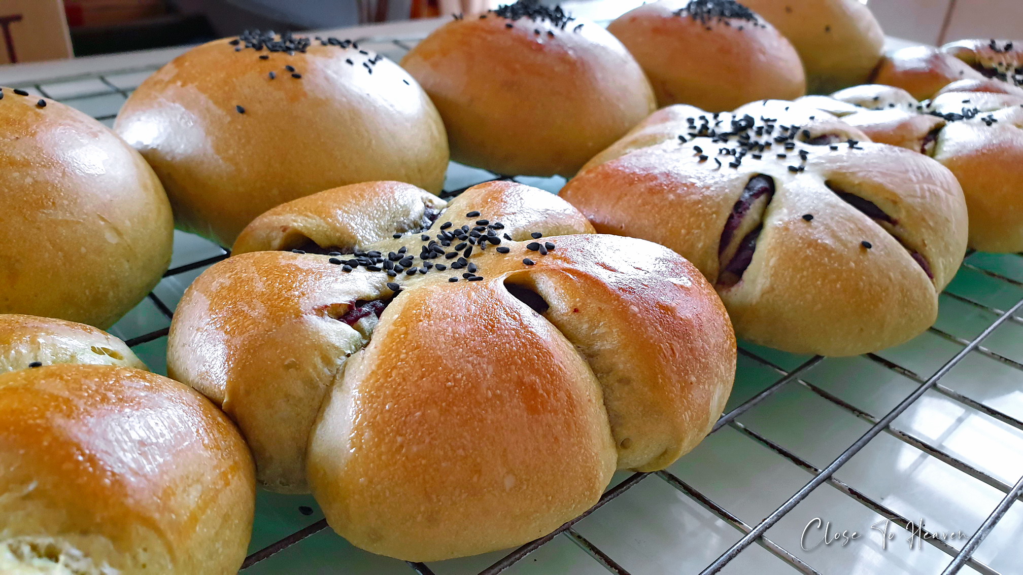 Green tea buns with red bean filling ขนมปังชาเขียวไส้ถั่วแดง