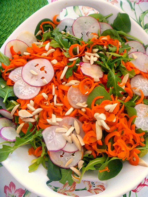 Roasted Carrot Noodle Salad with Honey Thyme Vinaigrette:  Wonderfully sweet and tender roasted carrots sit atop a bed of arugula, mixed with thin sliced Easter egg radishes, and doused with a honey thyme vinaigrette.. Slice of Southern