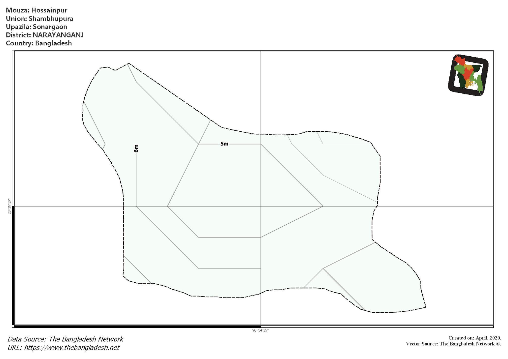 Map of Hossainpur Mouza of Sonargaon Upazila, NARAYANGANJ, Bangladesh.