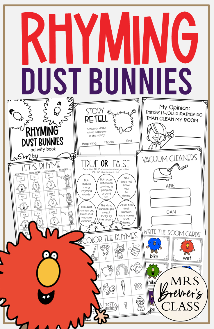Rhyming Dust Bunnies Book Study, Rhyme Activities, and Craftivity