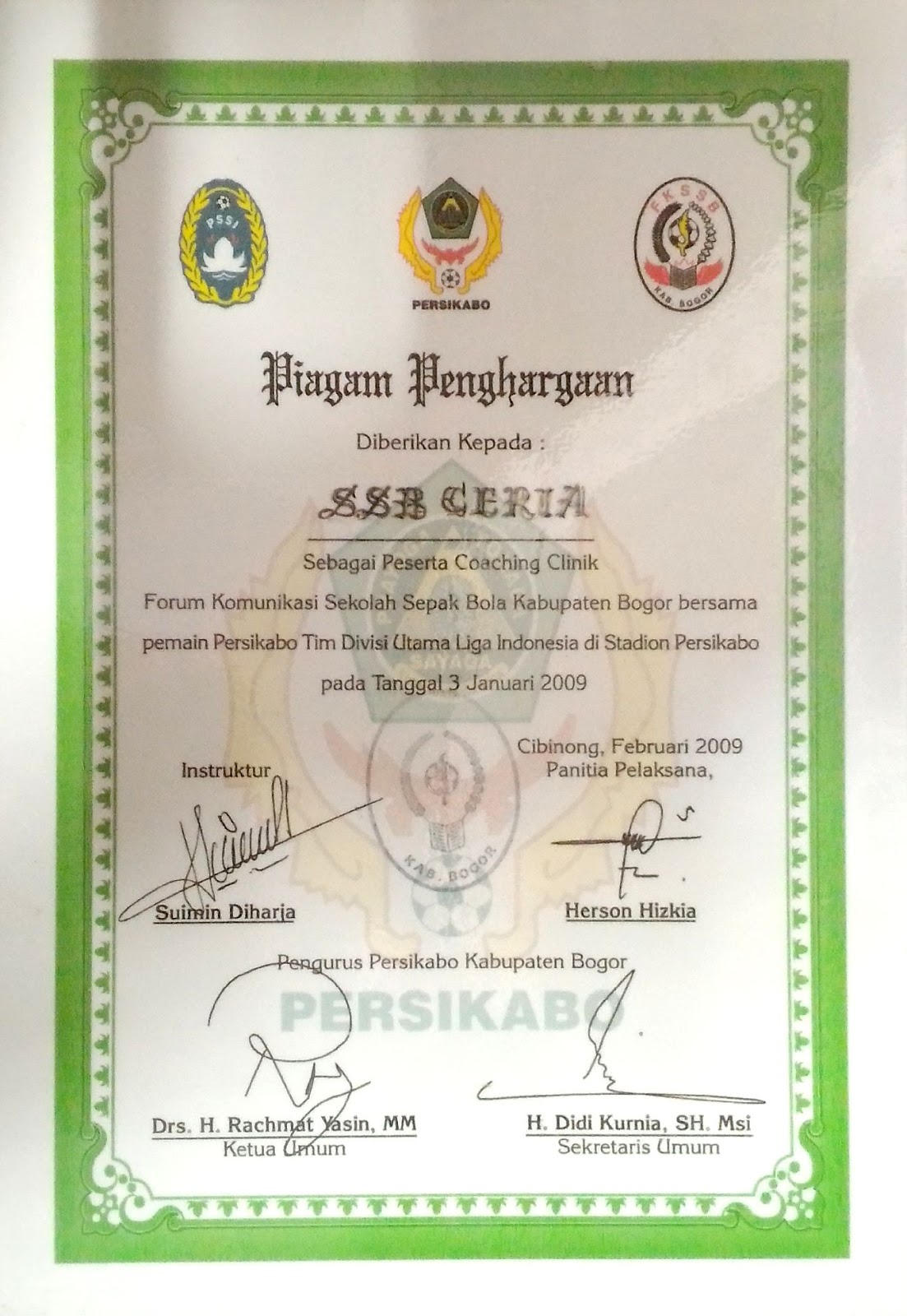 Sekolah Sepak Bola Ceria Piagam Penghargaan