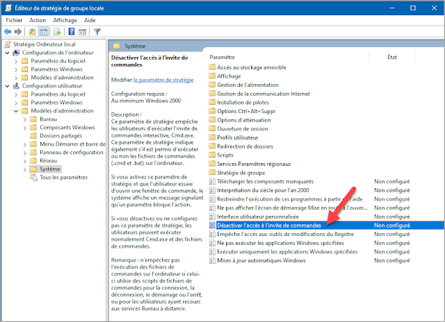 Désactiver l'accès à l'invite de commandes avec l'éditeur de stratégie de groupe locale Mots-clés : Windows 10, sécurité, trucs, astuces, stratégie groupe locale, système, options de sécurité, désactiver l'accès à l'invité de commandes, cmd, administration, cmd.exe