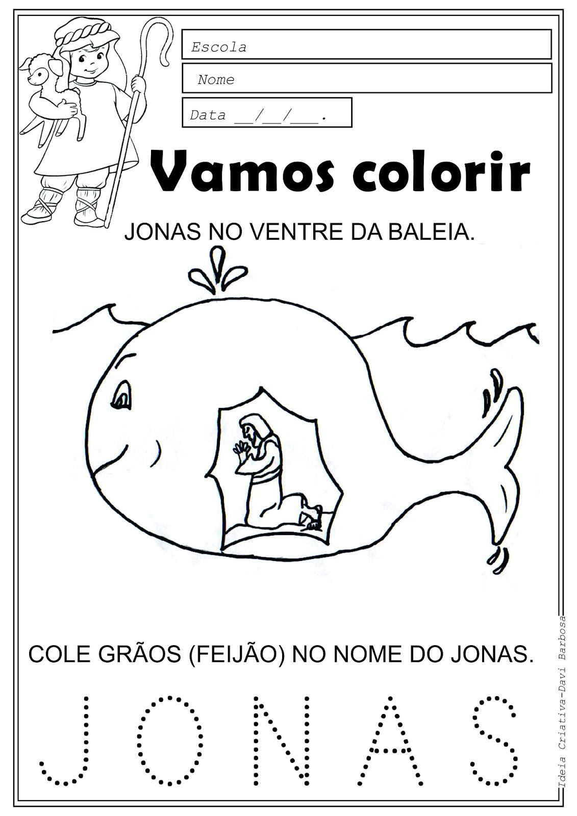 Desenho de Jonas no ventre da baleia para colorir