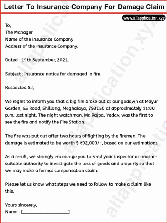 Letter To Insurance Company For Damage Claim